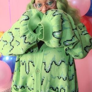 Etsy Egglien Creations Green Pixel Slime Balloon Sleeve Cardigan